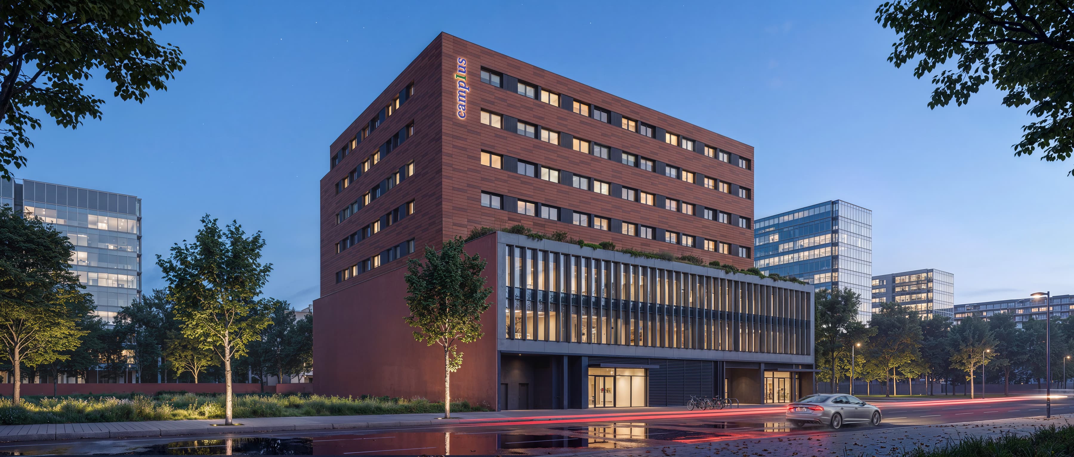 Visualización exterior de la Residencia Camplus Perú Poblenou integrada en su entorno urbano