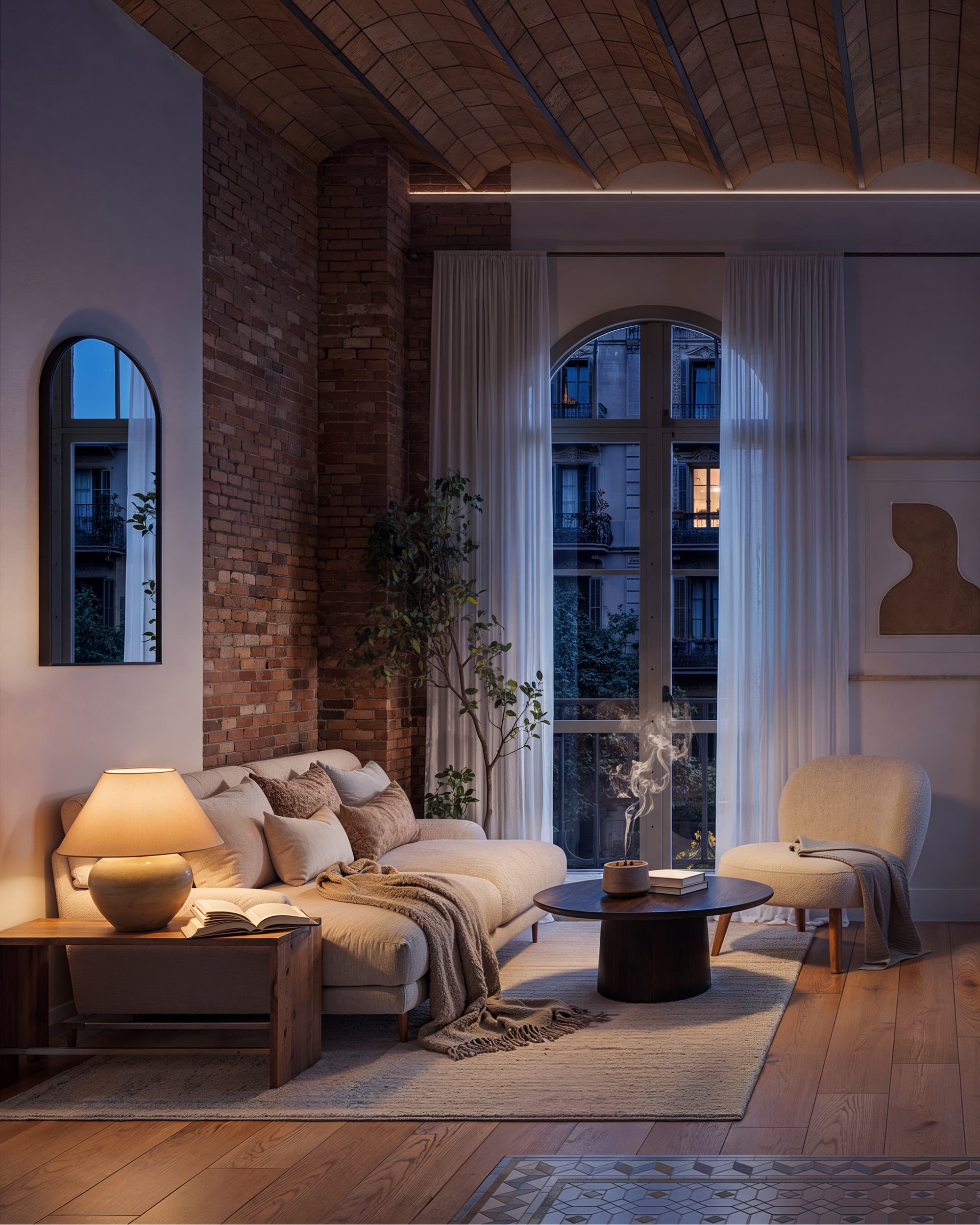 Visualización de una sala de estar con bóveda de ladrillo, ventanales altos y luz al atardecer