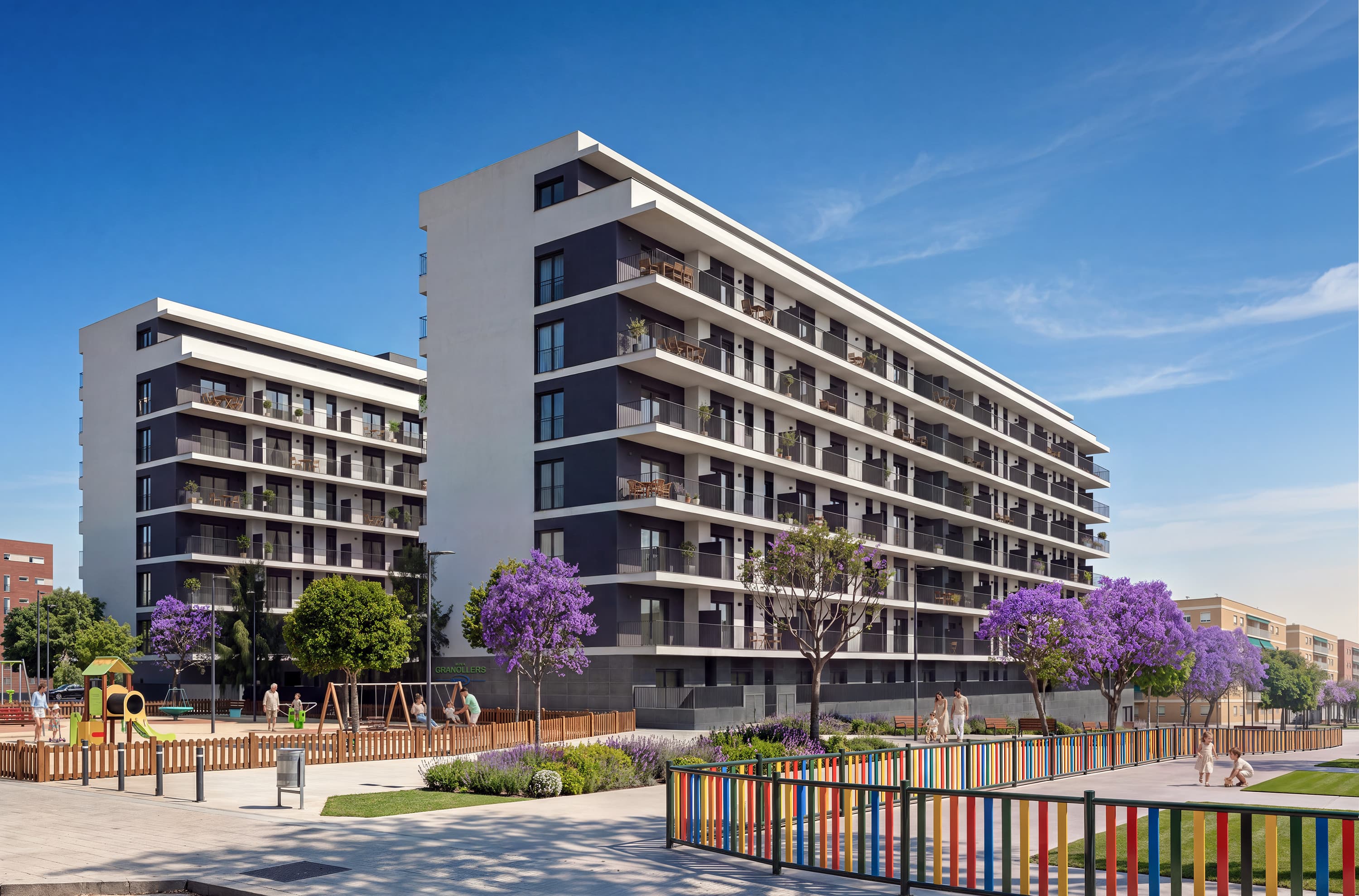 Visualización de edificios residenciales y espacio exterior de INBISA Nova Granollers